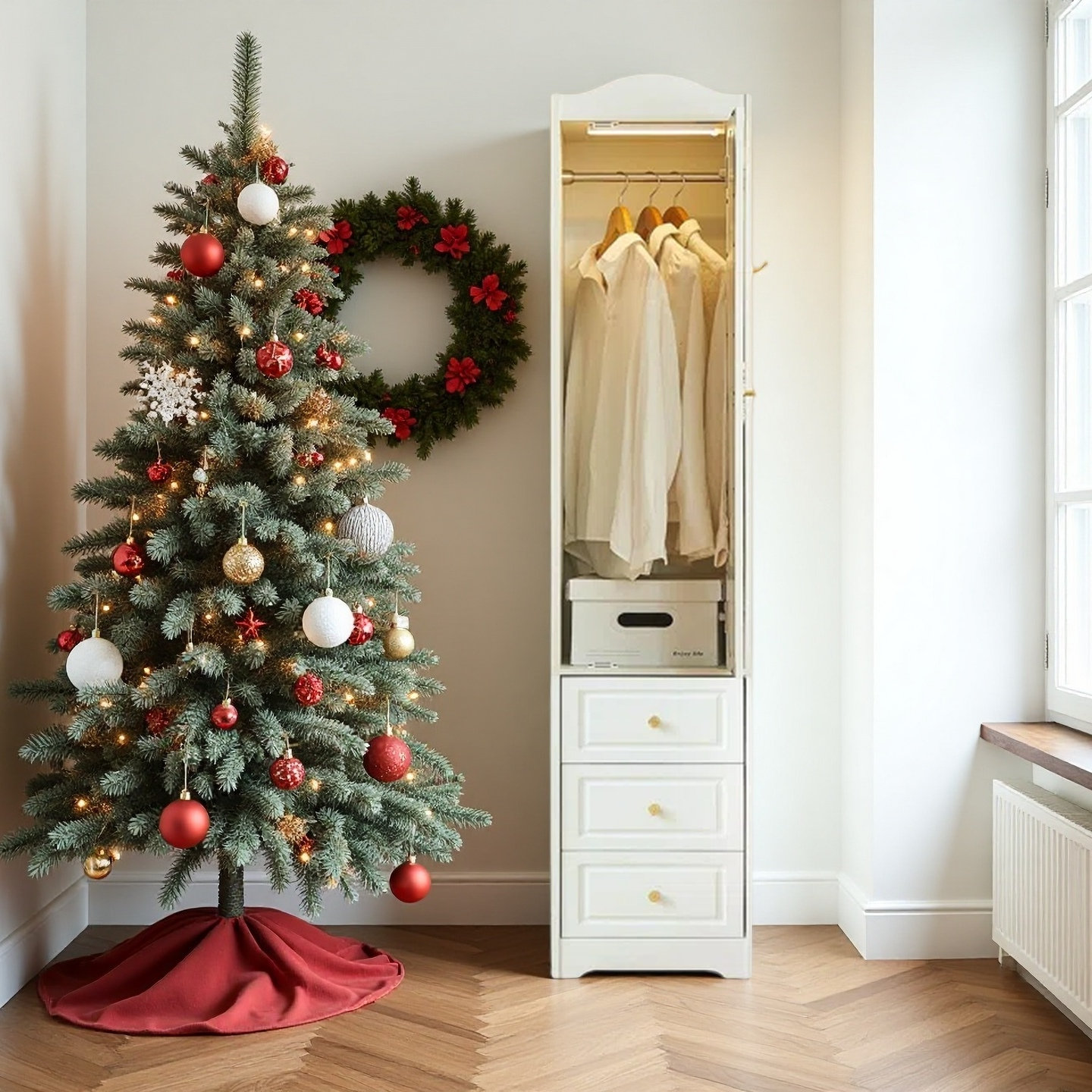 Yerai Armoires Wardrobe Closet & Wardrobe Cabinet with 3 Drawers and Mirror & Storage Cabinet With Hanging Rod & Sensor Light