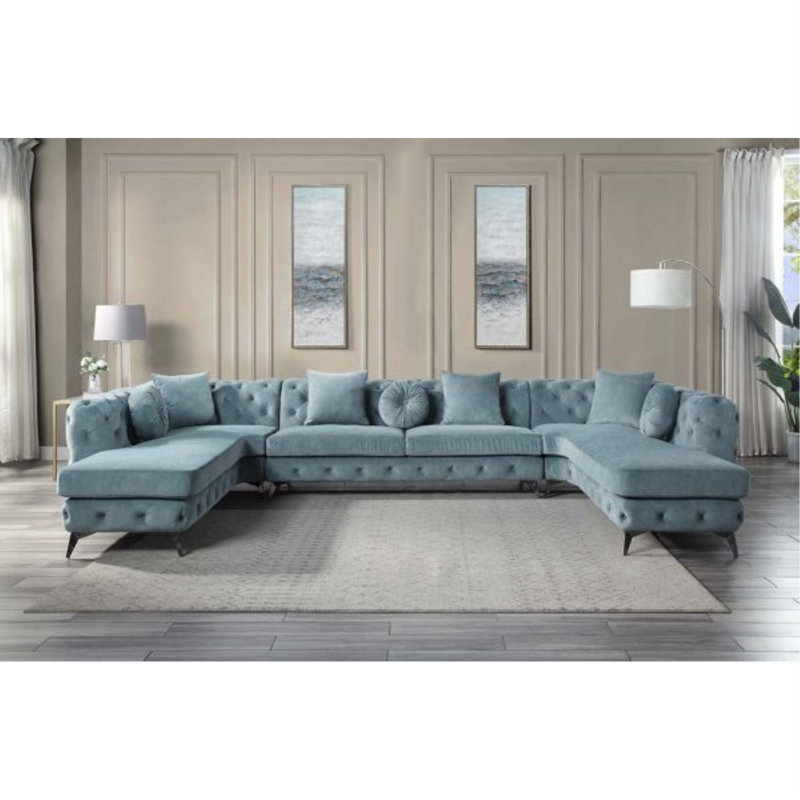 Dusty Blue Fabric Tufted U-Shaped Sectional with Metal Legs