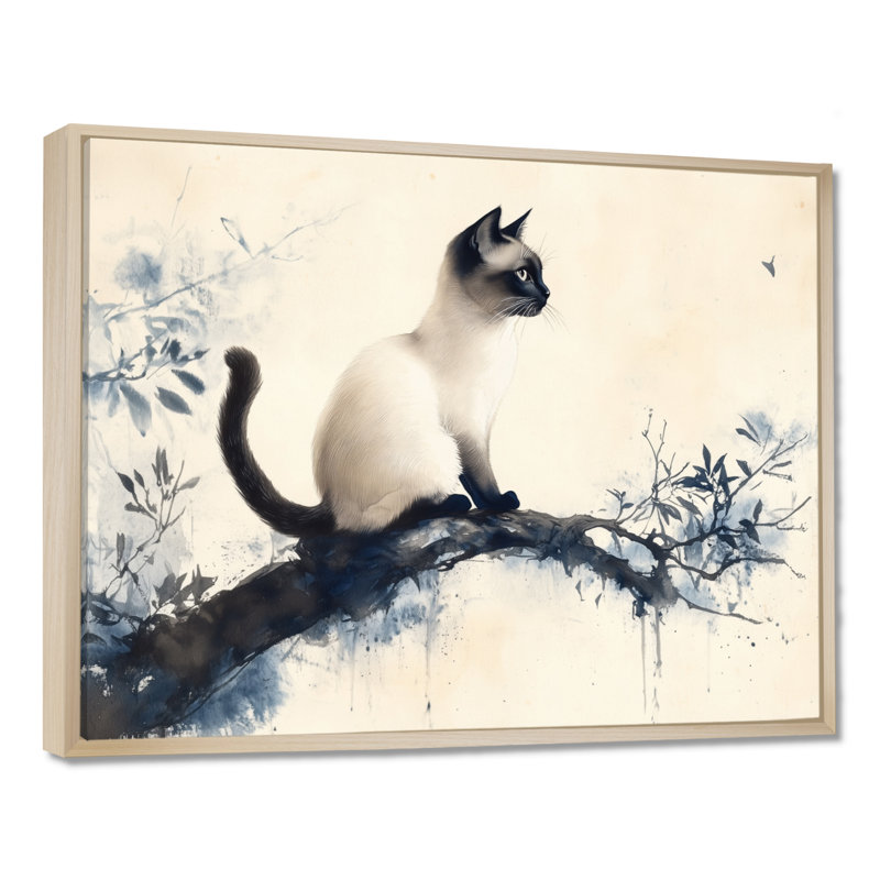 Décoration murale encadrée «Siamese Cat in Ink», H 16 po x l 32 po, Natural Floater Framed