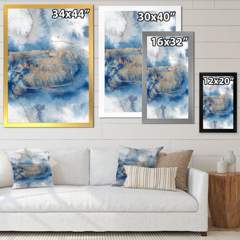 Abstrait classique bleu et or I - peinture sur toile, H 20 po x l 12 po, Cadre doré à coins fermés