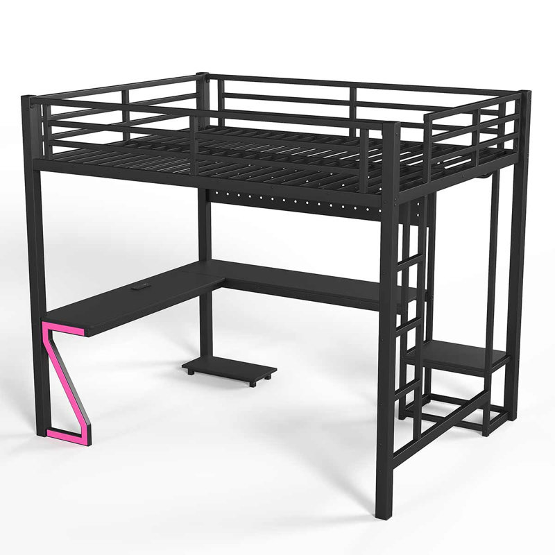 Lit mezzanine en Z à jeu RV avec bureau en L, ports de chargement USB et plateau pour PC, Queen