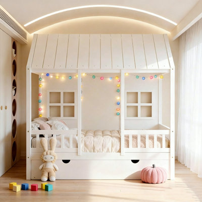 Full Size House Bed with Twin Trundle, Wooden Daybed with Pull-Out Bed, White Playhouse Frame for Kids with Storage & Guard Rails, Mattress not included
