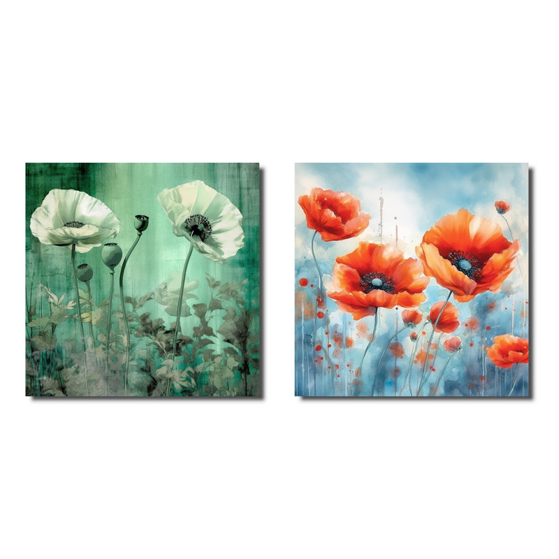 Ensemble de 2 coquelicots rétro - collage carré floral, H 16 po x l 33 po, Toile tendue