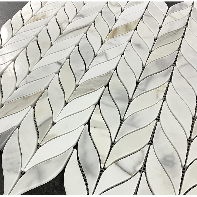 Leaf Pattern Marble Novelty Mosaic Tile, White/Gray/Gold