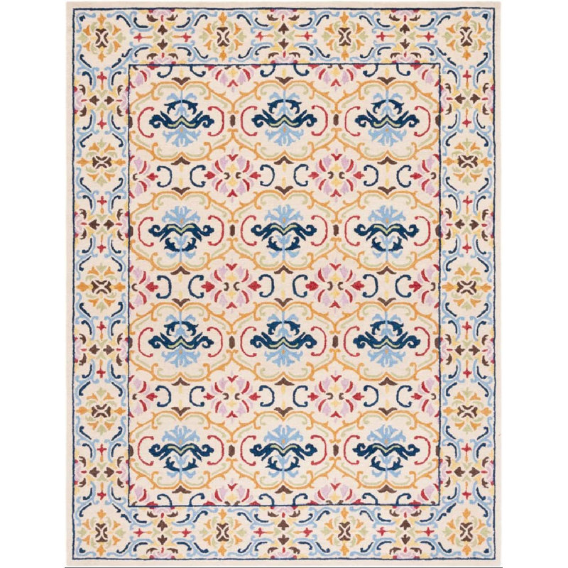Maxcine Hand Tufted Wool/Cotton Damask Rug in Blue/Yellow/Pink, Rectangle 8' x 10'