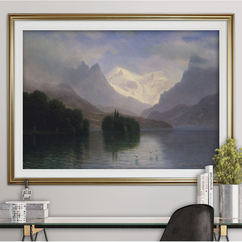 « mountain scene », reproduction de peinture à l’huile, Cadre doré, Blanc mat, H 20 po x l 24 po x P 1,5 po