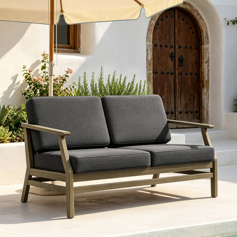 Clinkscales Solid Wood Teak Outdoor Loveseat With Cushion And Arms, Brown, Dark Gray