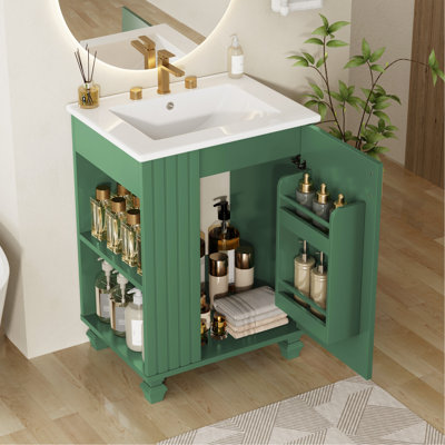 Meuble-lavabo 24 po avec lavabo, armoire de salle de bain avec tablette de porte, rangement latéral ouvert, structure en bois massif, porte à fermeture douce, vert
