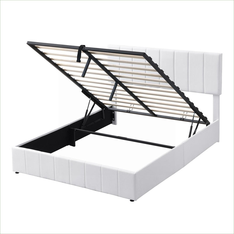 Grand lit plateforme tapissier en bois massif blanc grand format, rangement hydraulique de style contemporain pour les chambres à coucher