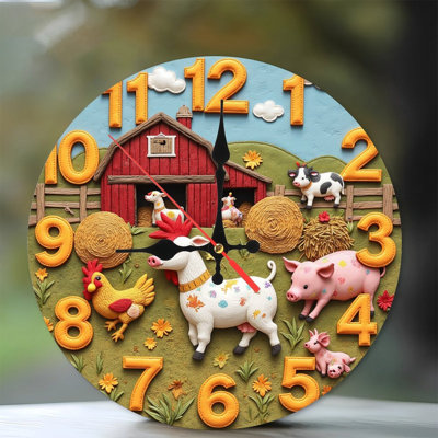 Farm animals clock hay barn cute pig chicken