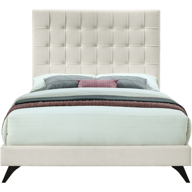 Lit plateforme tapissier Elly, Velours crème, Lit double
