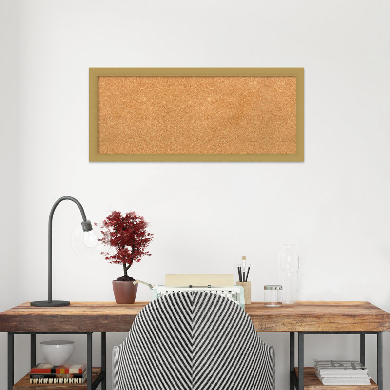Natural Cork Bulletin Board with Gold Plastic Frame, 14" x 32"