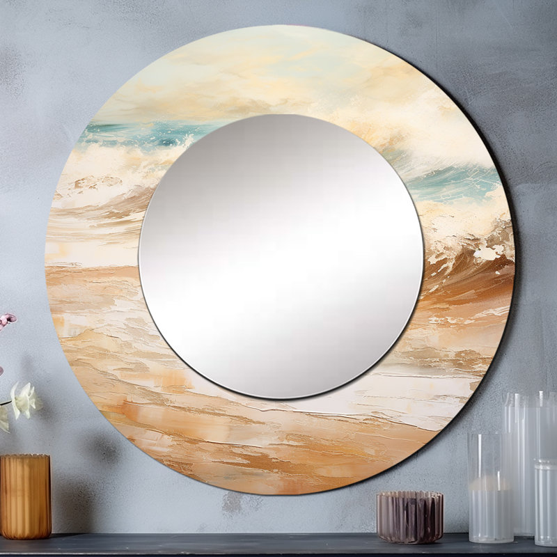 Rocklan Golden And Blue Beach Tranquility - Beach Large Wall Mirror, Coastal Round Unique Mirror, Printed Metal Art