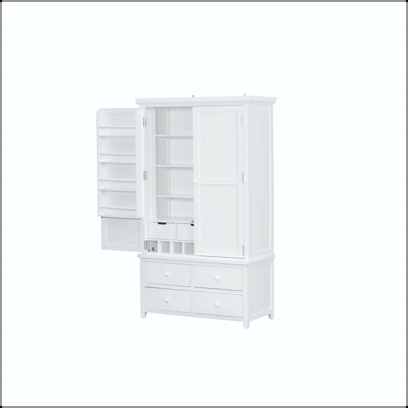 Grande armoire de cuisine avec 8 tablettes de porte, 8 supports à vin et 7 tiroirs, Blanc