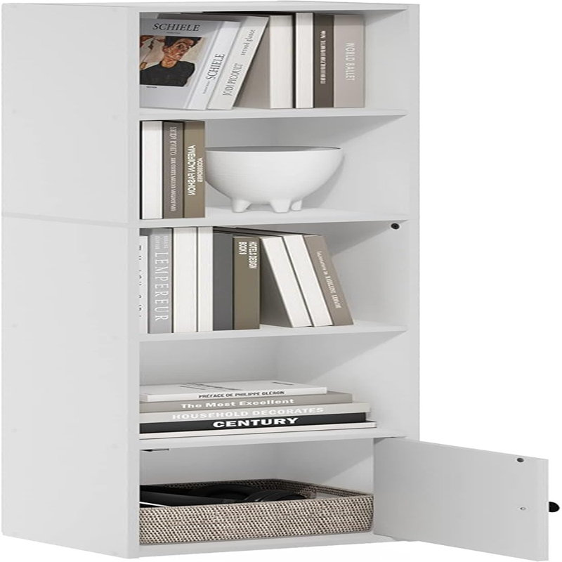 Bibliothèque moderne à 5 niveaux avec armoire de rangement à 1 porte, bibliothèque blanche pour le salon, la chambre à coucher ou le bureau