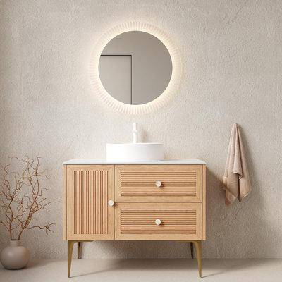 Bathroom Vanity with Sink, Freestanding Plywood Storage Cabinet with 4 Legs, Door and 2 Drawers, White Ceramic Basin without Faucet, Pre-assembled
