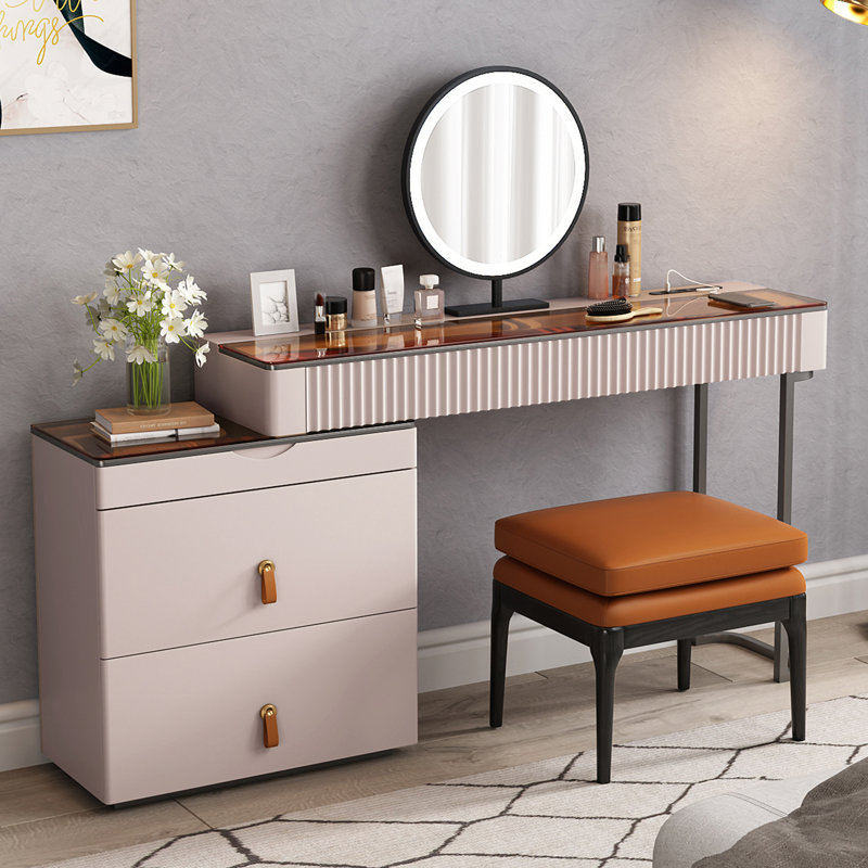 Maurece Makeup Vanity Set with Power Outlet & Glass Top
