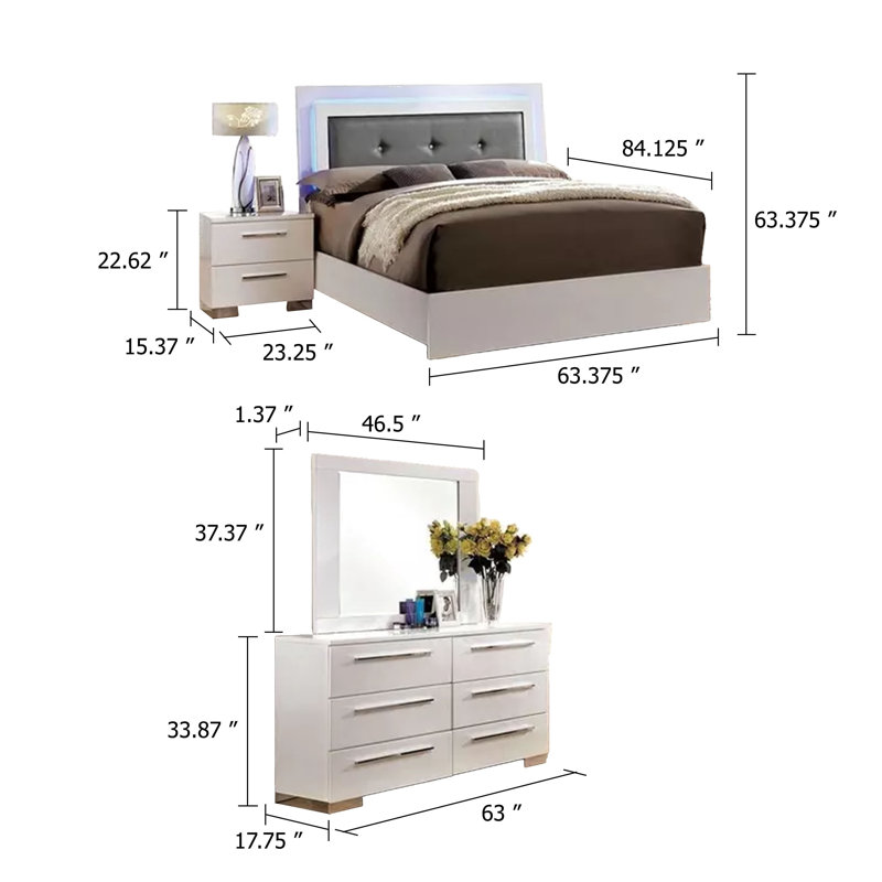 Ensemble de chambre pour grand lit 4 pièces Gely, capitonnage à boutons, DEL, blanc brillant, Chrome