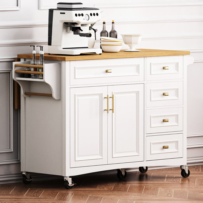 Îlot de cuisine blanc avec abattant. Surface, étagère à épices, serviette à 2 portes, 5 tiroirs, tablette réglable pour les roues et les rallonges de style bord de mer moderne et luxueux. Motif,