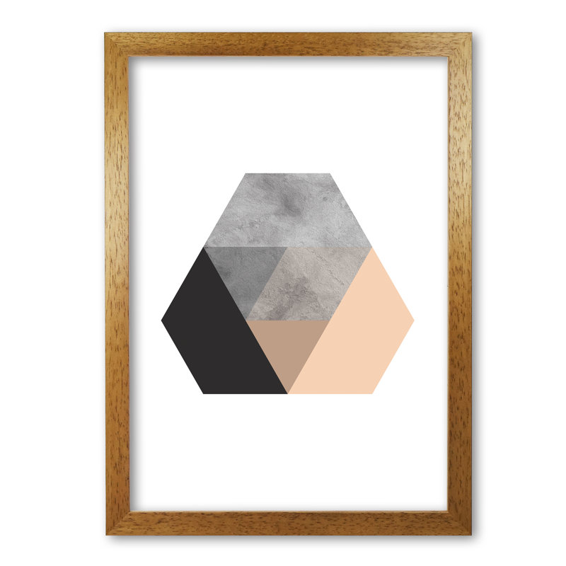 Peach And Black Abstract Hexagon - Print, Honey Oak Frame, 42 cm H x 30 cm W x 5 cm D