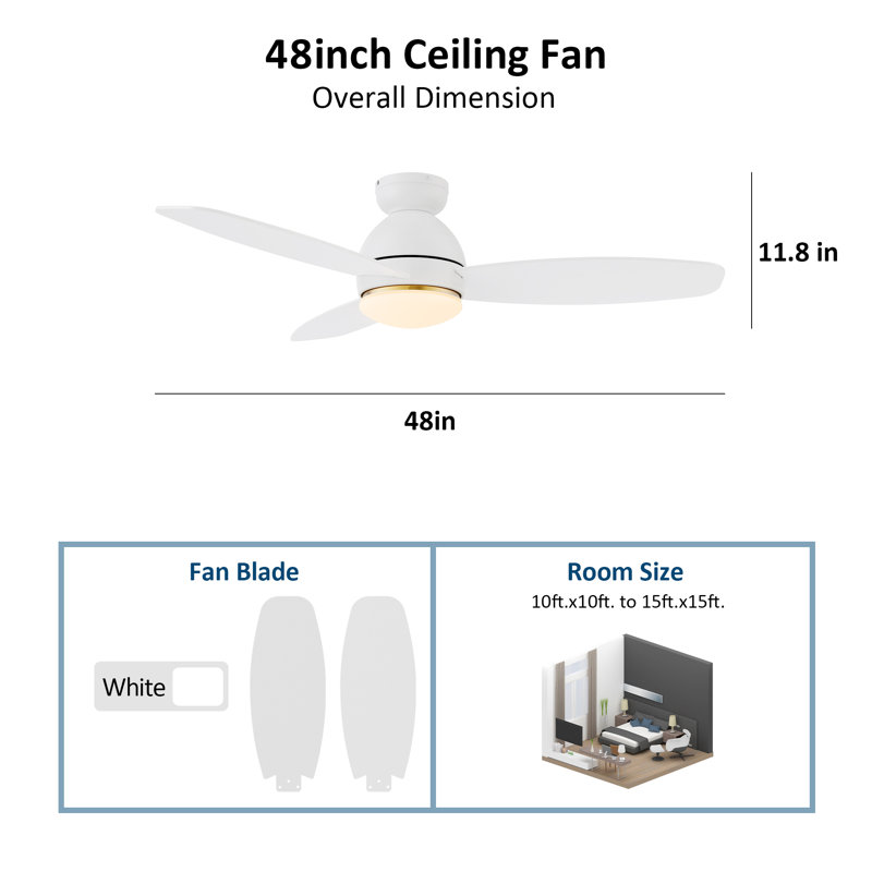 Ventilateur de plafond intelligent encastré à 3 pales 48 "avec lumière, Blanc, Blanc