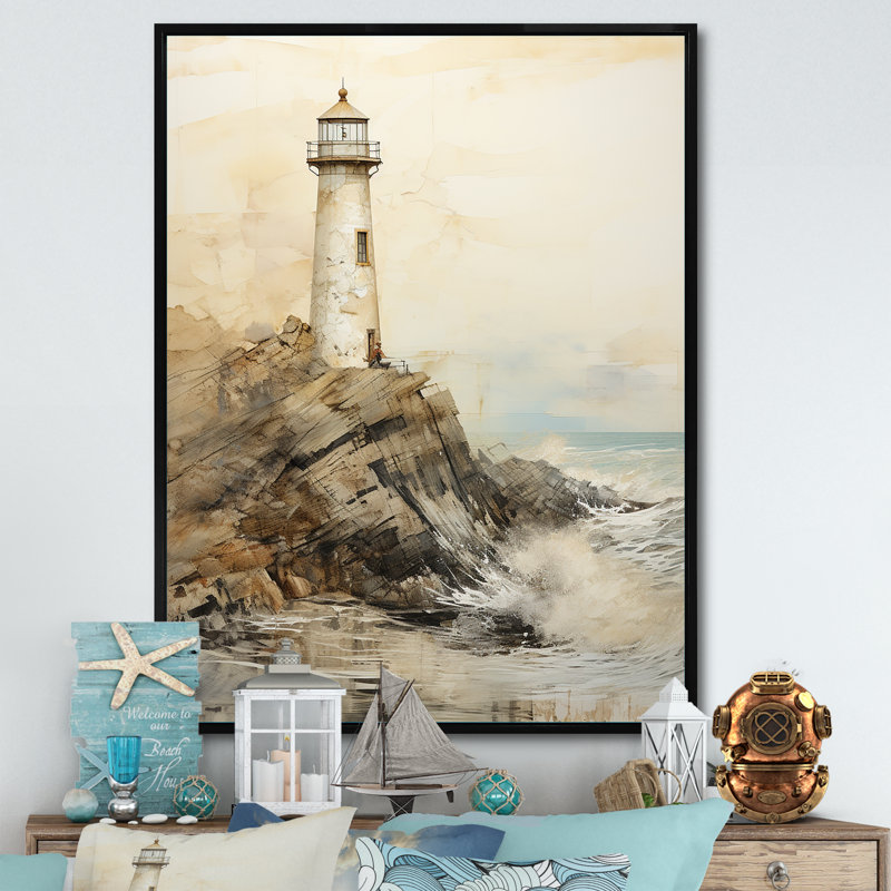 «Minimal Grey Light House I», reproduction sur toile, Encadrement doré, H 32 po x l 16 po