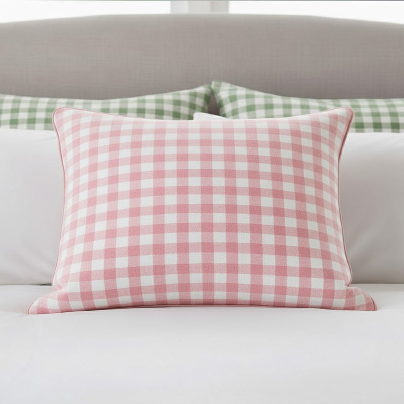 Gingham Pattern Pillow Sham, 20"H x 30"W, White/Light Pink Border