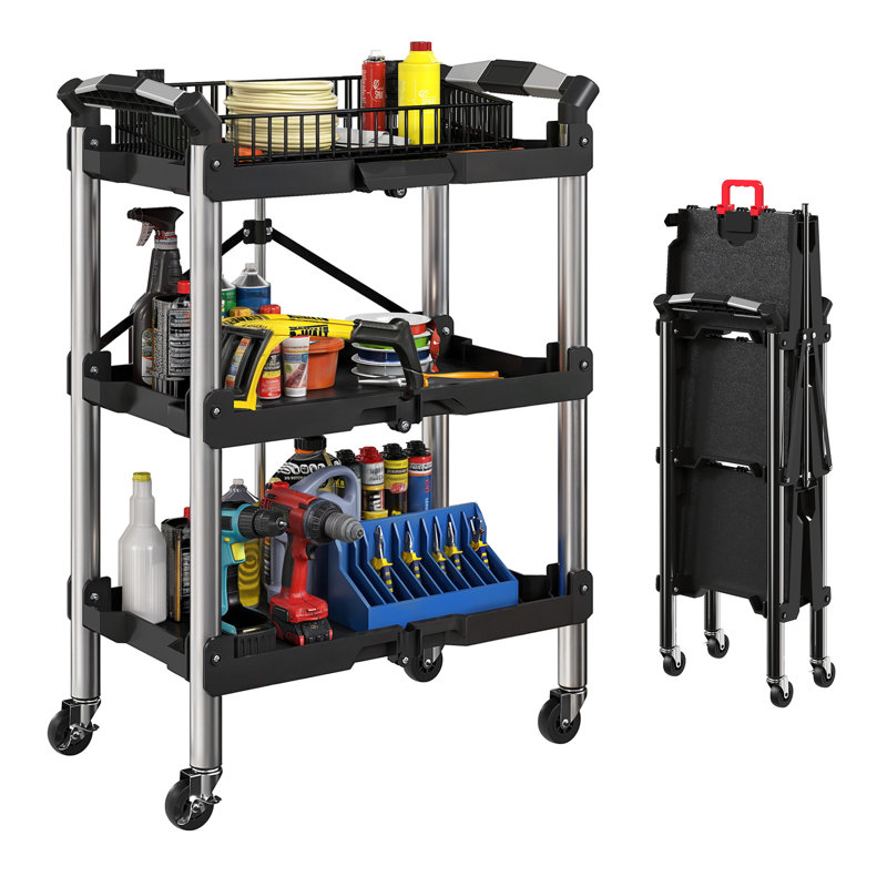Chariot à outils pliable à 3 niveaux avec roues, chariot utilitaire pliant noir