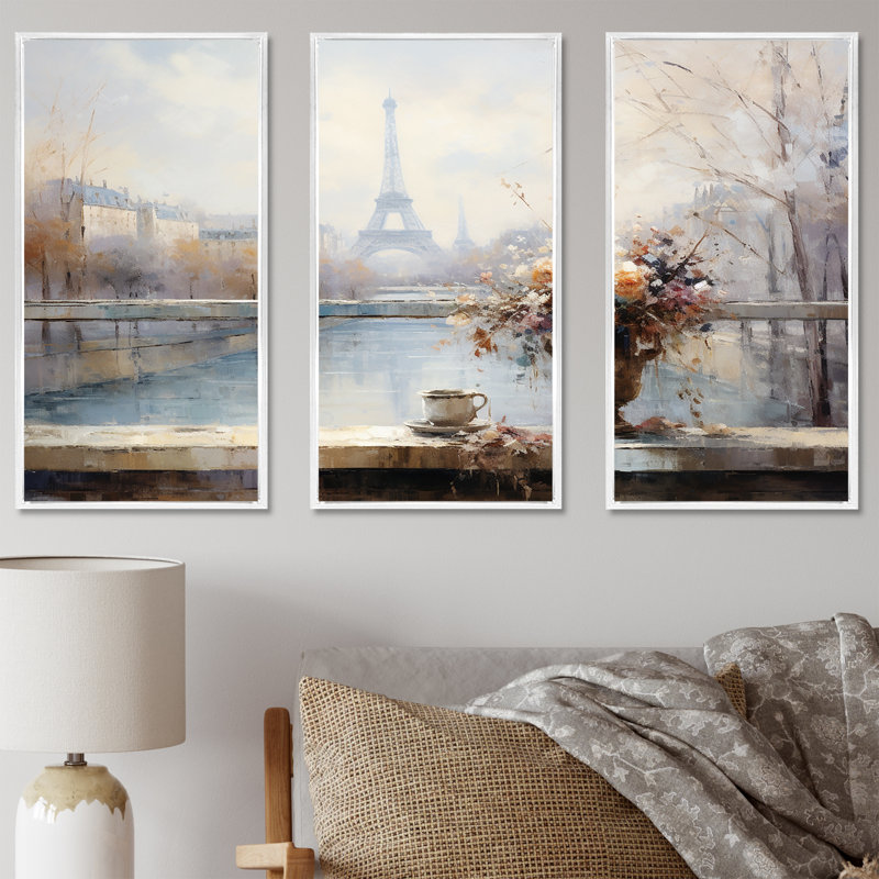 Hiver Paris, Tour Eiffel, ville charmante IV - Art mural de Paris, Cadre flottant blanc, H 32 po x l 48 po