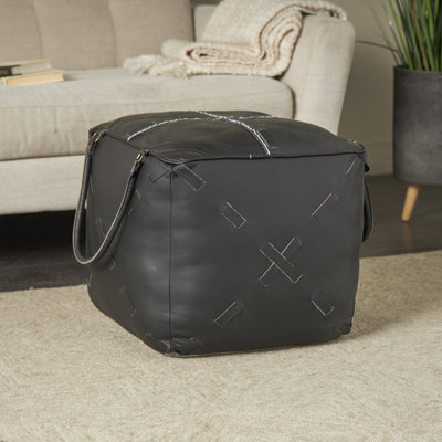 Rogersville Leather Pouf with Woven Straps and Handles