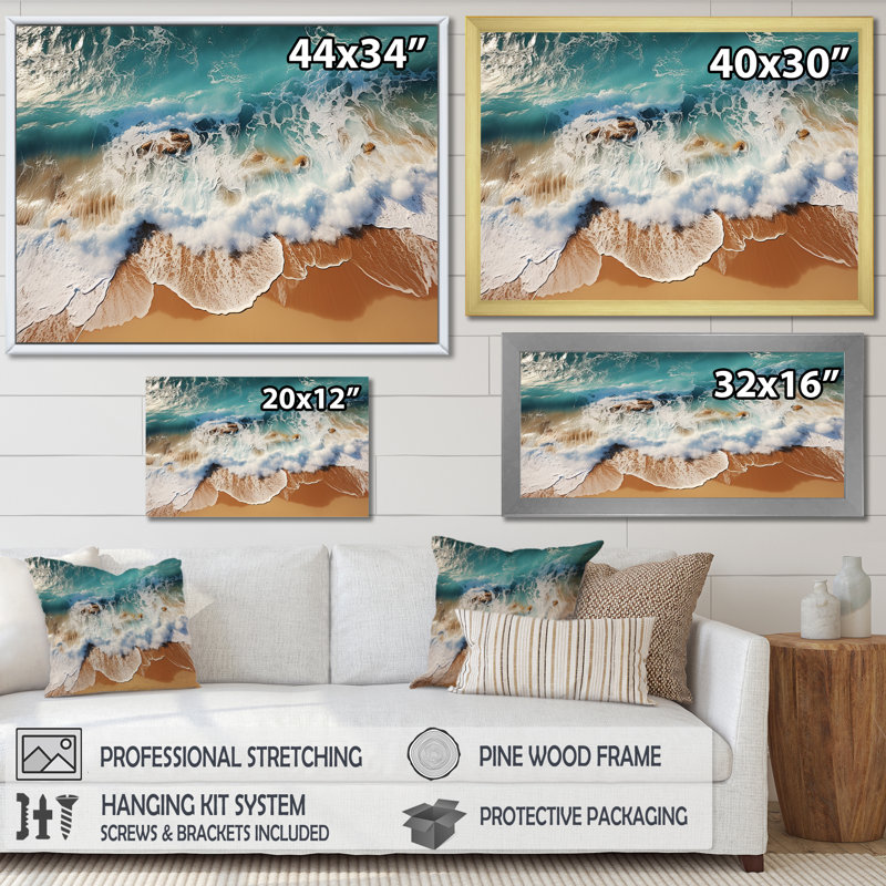 Ciel bleu ciel, vagues côtières III - art mural plage, Cadre d'angle fermé noir, H 12 po x l 20 po x P 1 po
