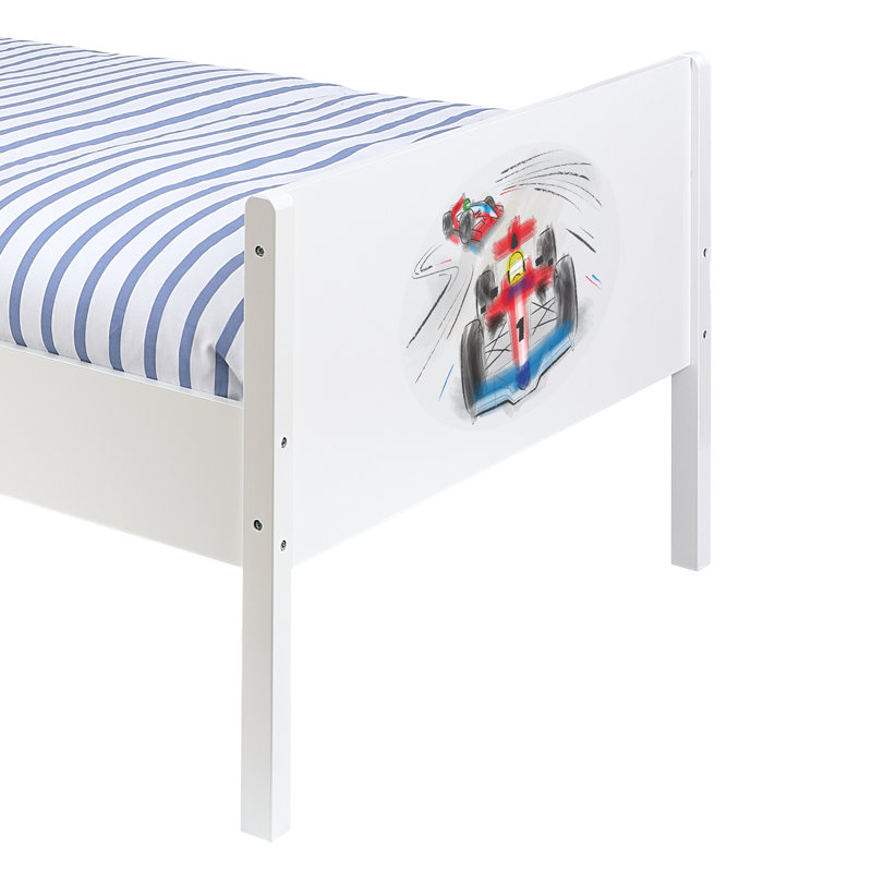Kids White Single Bed – Racing Cars
