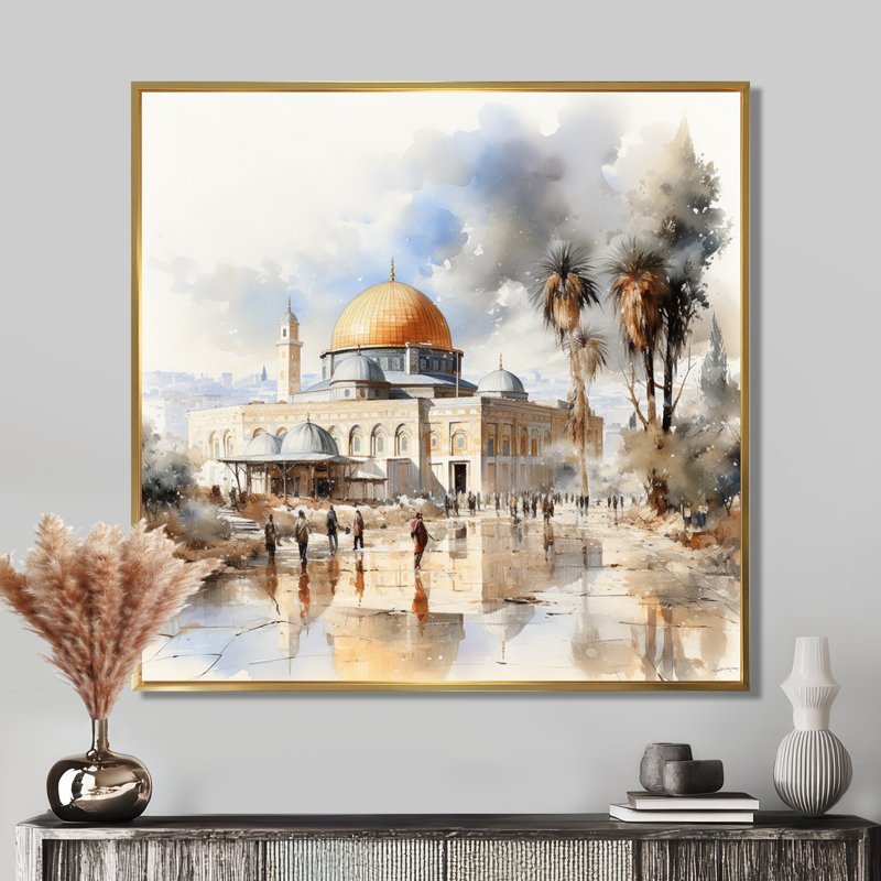 Art sur toile, "Mosquée", Cadre flottant doré, H 16 po x l 16 po x P 1 po