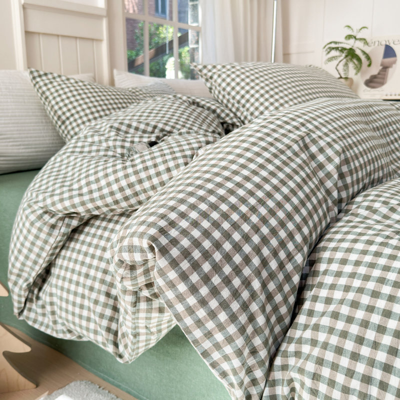 Washed Cotton Checkered Pattern Duvet Cover Set, King Duvet Cover + 2 King Pillowcases, Meadow Green