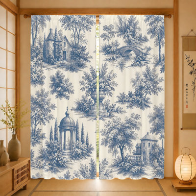 2Pcs Vintage Toile Scene Curtains, Light Filtering Fabric, Pastoral Landscape Print, Sunshade and Privacy, Rod Pocket Design, for Living Room, Bedroom, Balcony, Kitchen Home Decor