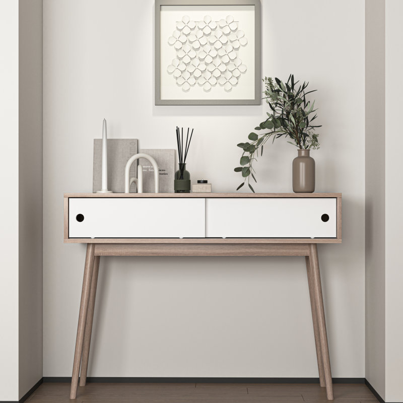 Table d'entrée avec 2 portes coulissantes blanches, console avec espace de rangement et pieds en bois, table de canapé derrière le canapé