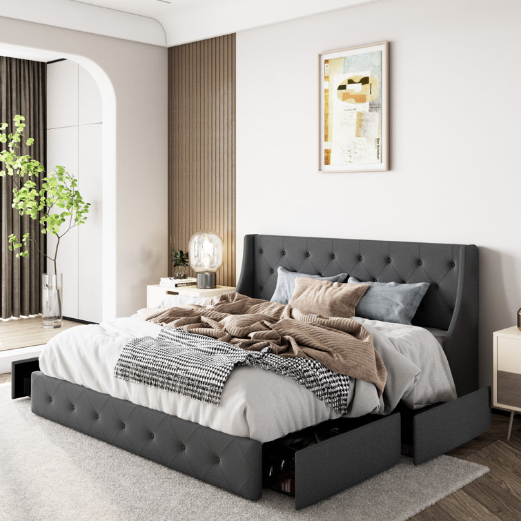 Brij King Upholstered Low Profile Storage Platform Bed - Grey