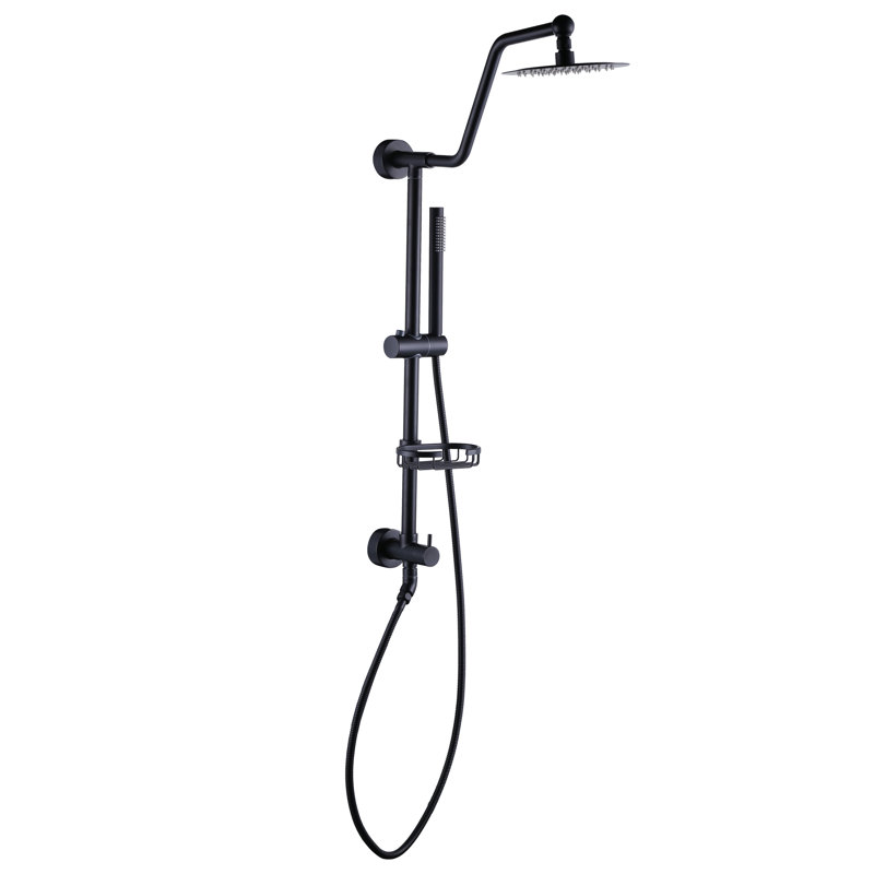 1-Spray Multifunction Round Wall Bar Shower Kit with Swivel Shower Head, Hand Shower and Soap Caddy, Matte Black