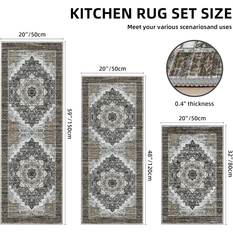 Ensemble de 3 tapis de cuisine antidérapants Boho, Brun gris