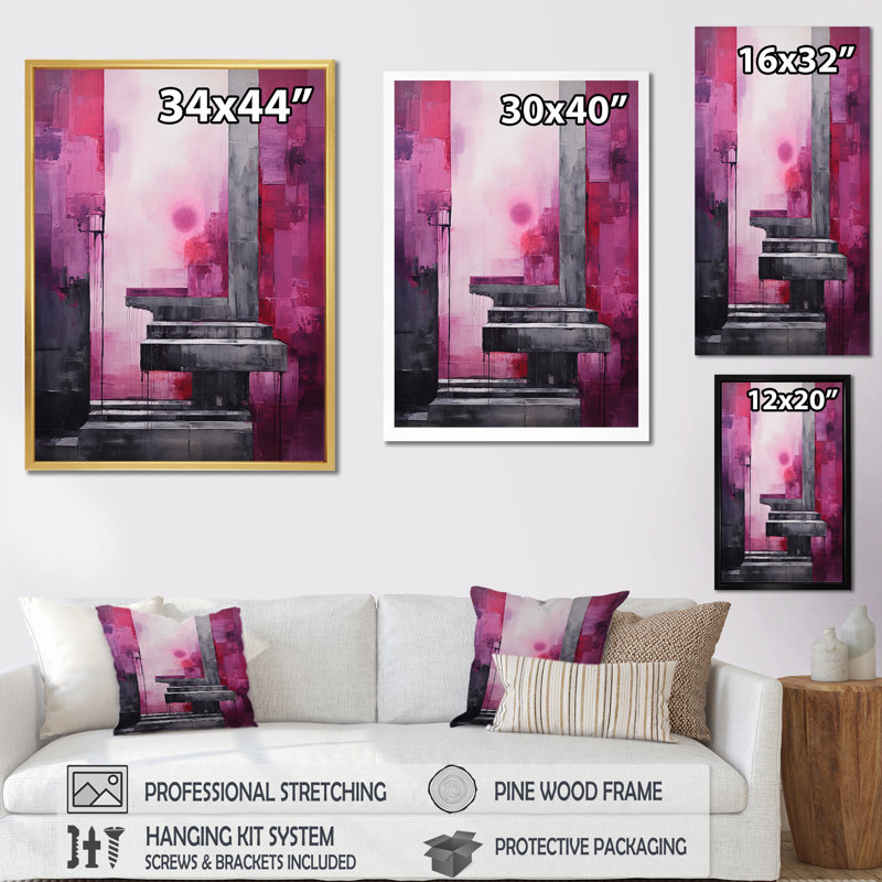 «Fuchsia Facades Skyscraper Horizon III», reproduction sur toile, Cadre flottant noir, H 20 po x l 12 po