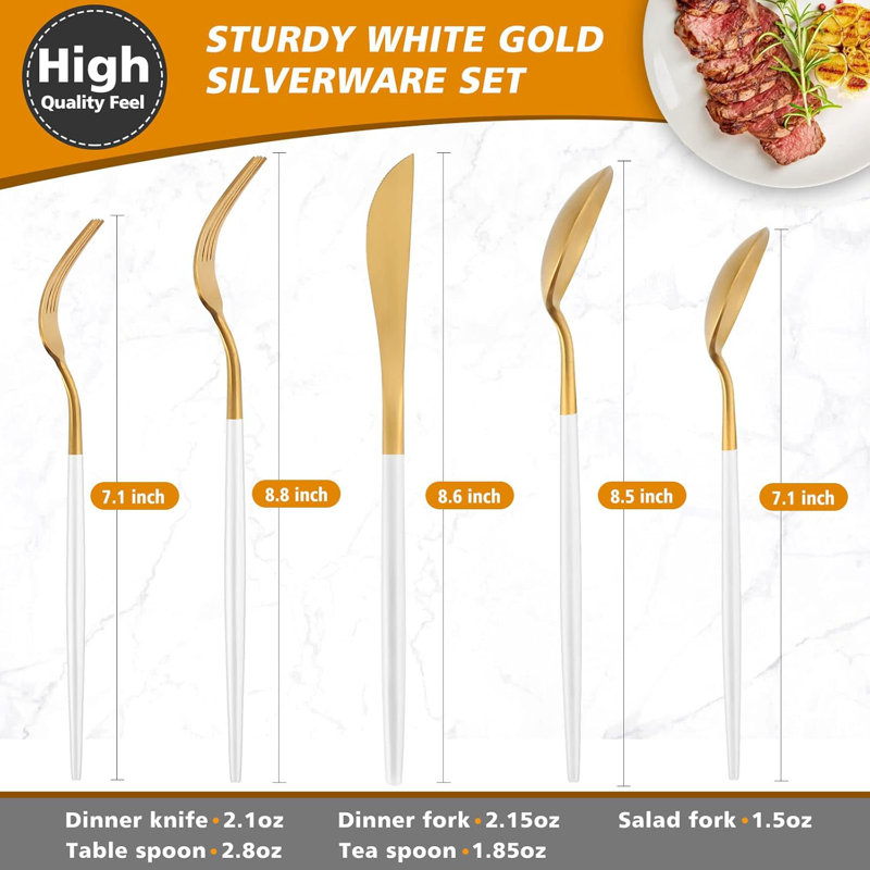 20-Piece Stainless Steel Flatware Set, Cutlery Set For 4, Durable And Dishwasher Safe Kitchen Utensils, White/Gold