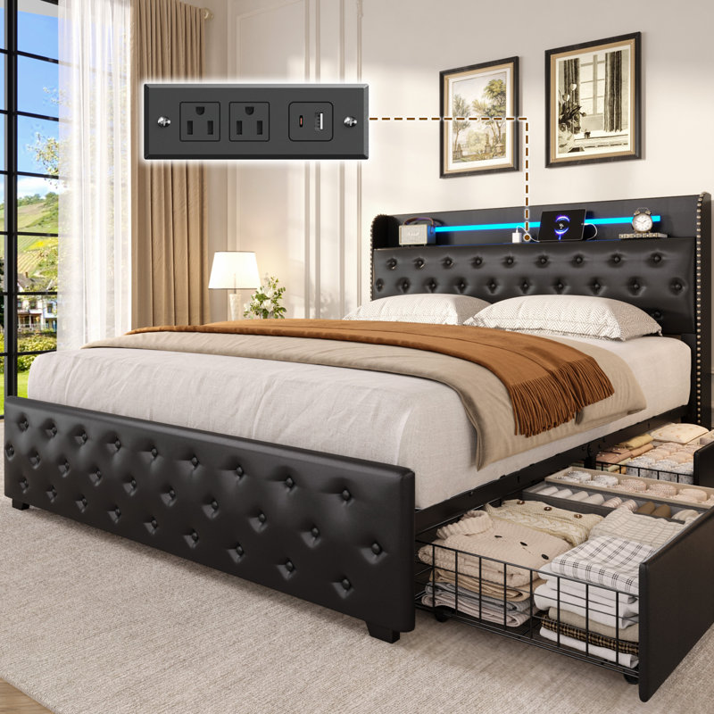 Upholstered Queen Platform Bed Frame with Charging Station, Led Lights & 4 Storage Drawer, Storage Bed with Upholstered Headboard, Under-Bed Storage, No Box Spring Needed, Easy Assembly, Strong Metal Support