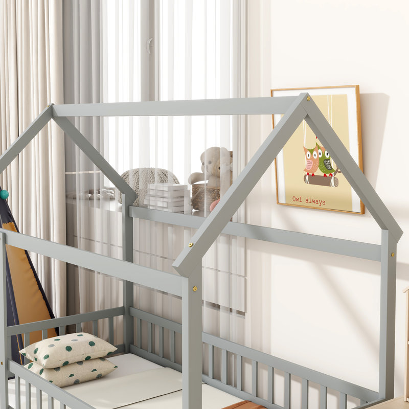 Twin Size House Floor Wooden Bed With Roof Frame,Safety Guardrails,Grey, Gray, Twin