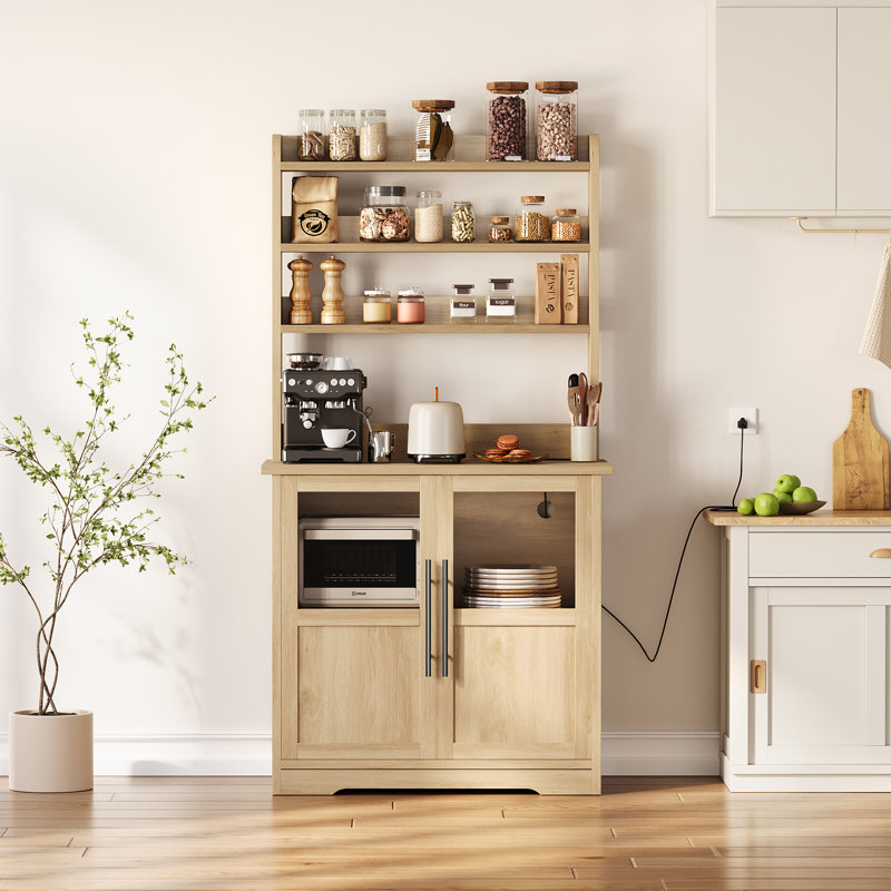 Étagère de boulanger de ferme avec station de charge et armoire de porte en verre, huche à café en bois rustique, support à micro-ondes avec 3 tablettes ouvertes pour la cuisine, le salon, la salle à manger, naturel