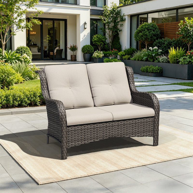 Causeuse d'extérieur en osier avec coussins Meikel, Beige