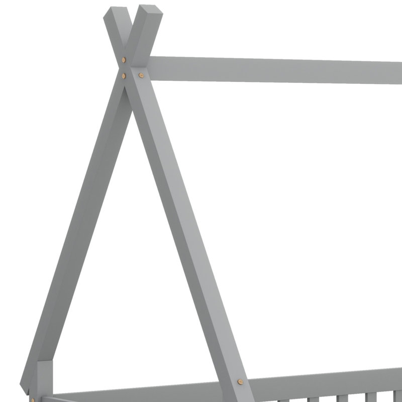 Tent-Shaped Floor Bed, With Guardrails,Slats, Door, Grey