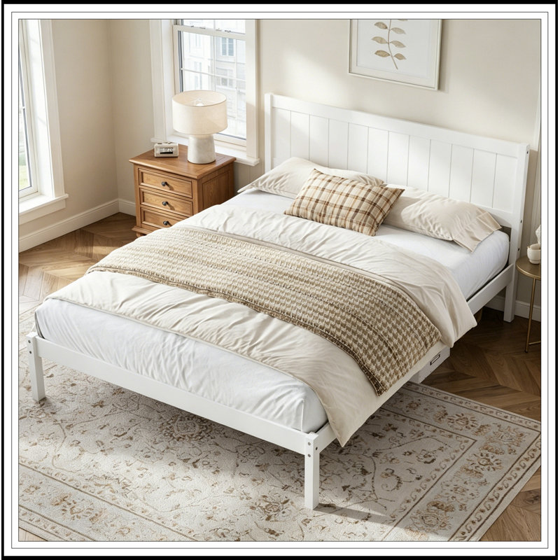 King Platform Bed Frame with Headboard, White