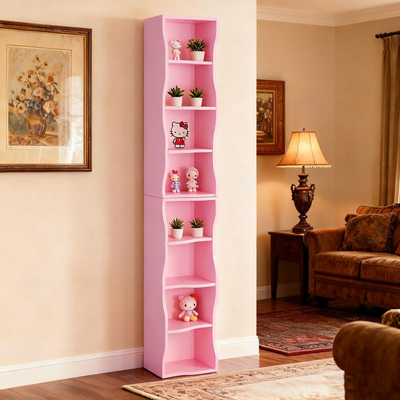 Tall Narrow Wave Edge Bookcase, Freestanding Display Shelf for Home Office, Multiple Colors, Pink