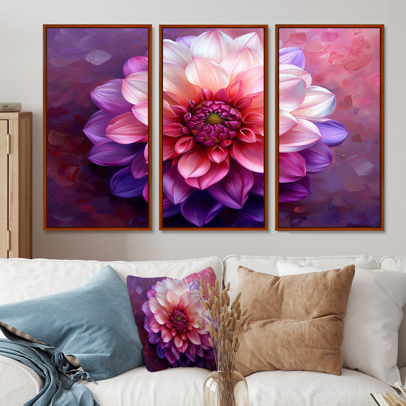 Regal Bloom Dahlia Flower Explosion I - ensemble d'art mural Dahlia, Toile avec cadre flottant brun