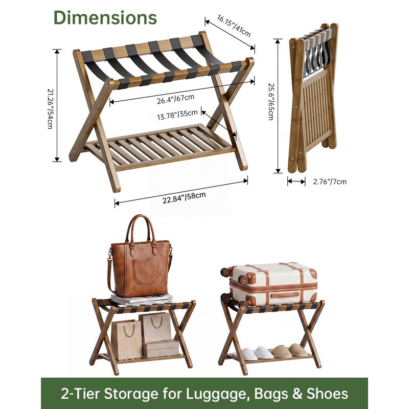 Porte-bagages, ensemble de 2, support pliable en bambou avec tablette de rangement pour chambre d'amis, chambre à coucher, hôtel, robuste (noyer)